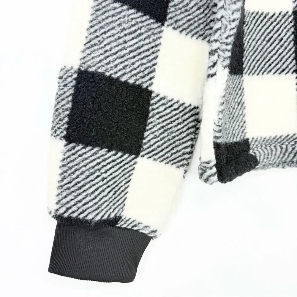 Old Navy Girls Black White Buffalo Plaid Cozy Pullover Sherpa Fleece NEW